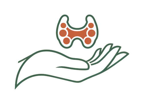 Symptome trotz Thyroxin, Logo: eine Hand hält eine Schilddrüse